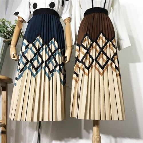 Geometric Striped Skirt Women Autumn Winter 2020 Offce Lady Black Pleated Skirt Casual A-Line Patchwork Print Elegant Long Skirt