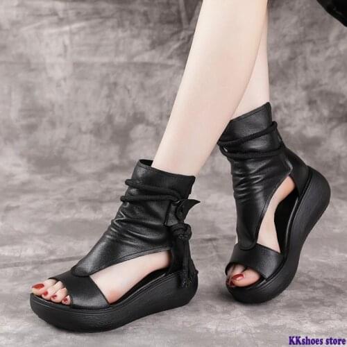Women Summer Sandals Mid Heels Wedges Shoes Ladies Vintage PU Leather Plus Size Sandalias Mujer Sapato Feminino 2021