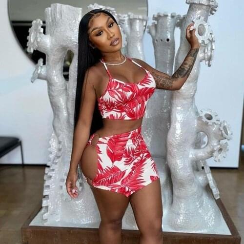 Summer 2021 Beach Outfits for Women Sexy Leaf Print Halter Crop Top Hollow Out Skirt Set Beach Club Bodycon Two Piece Skirt Set