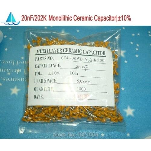 1000pcs/lot)(Capacitors|MLCC) 2nF 202K 50V Leaded Multilayer Monolithic Ceramic Capacitor, pitch:5.08MM, TOL:10