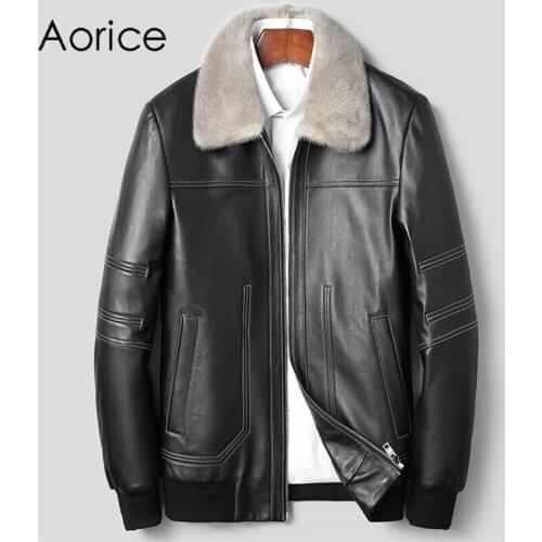 Aorice Men Genuine SheepSkin Leather Jacket Mink Fur Down Liner Coat Male Brand New Winter Parka Jackets Coats MT109