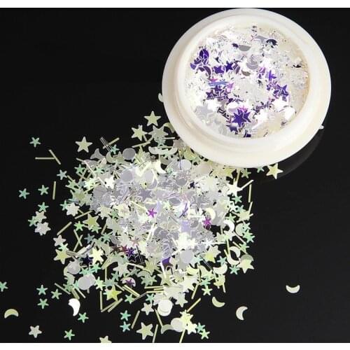 1 Box Laser Silver Star Moon Nail Sequins Holographics Sparkly Mixed Nail Flakes Slices Paillette UV Gel Nail Decorations