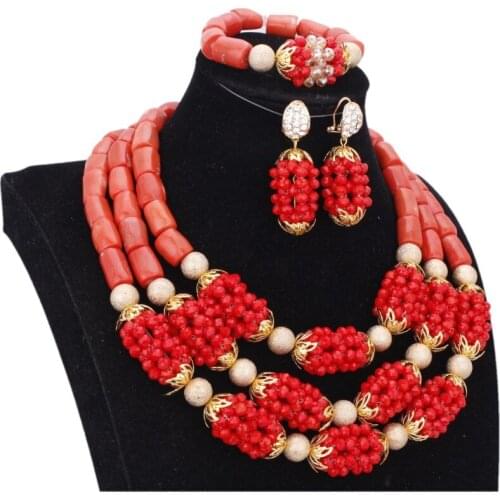 Dudo Set Jewelry For Women Necklace Earrings Set Bridal Red Gold Balls and Original Coral Jewellery Set African Free Ship 2018