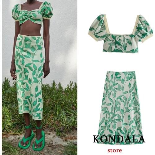 KONDALA Za 2021 Women Summer Green Knitting 2 Pieces Set Sexy Mujer Cropped Tops High Waist Midi Skirts Streetwear Suits Slim