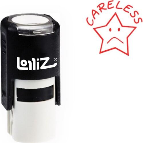 LolliZ Round Self-Inking Stamp, "CARELESS" W/Star Image, Teacher Stamp with Lid, Laser Engraved Rubber, RED