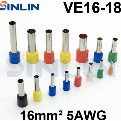 500pcs/lot Crimp Terminal VE16-18 tube pre insulating terminal Bootlace Ferrules 5AWG 16mm^2 Brass Lead length 18mm