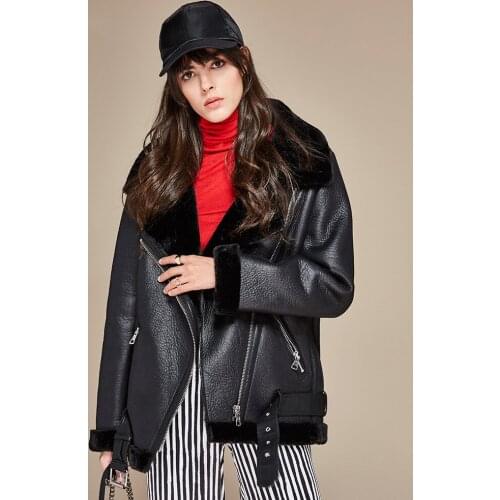 Autumn Winter Women Sashes Pu Leather Coat Turn-Down Collar Zipper Warm Jacket Casual Imitation Fur Leather Jacket Outwear