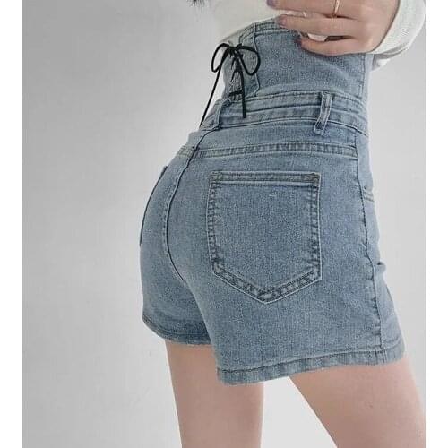 High-waisted black strappy denim shorts Womens Summer 2021 new fashion show thin broad-footed pants Shorts Casual