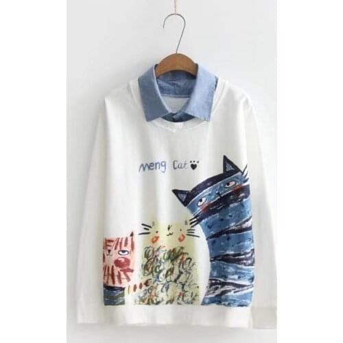 Faux Two Clothes Three Cat Printed Kawaii Sweatshirt Turn-dwon Collar Tops Outwear 2021 Casual Harajuku Hoodies Moleton Feminino