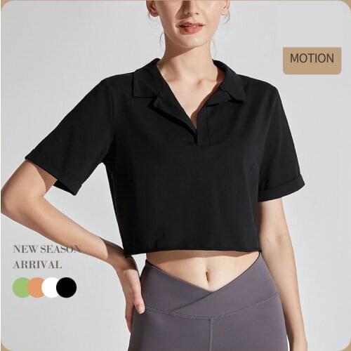 Sport Crop Top Women V-Neck Polo Yoga Shirts Quick-Dry Loose Gym Clothing Fitness Short Sleeve Solid Color T-Shirts Activewear