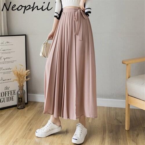 Neophil Women Chiffon Fashion Pleated Ankle Length Skirts 2021 Summer Casual Lace-up Solid Elegant Pants Skirt Jupe Femme S21413