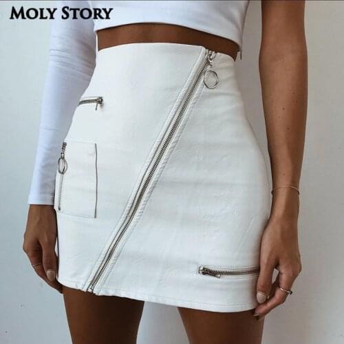 Faux Leather Skirt Women PU White Mini Skirts Steampunk Skirt Zipper Jupe Femme