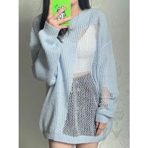 Cut Out Pullover Long Sleeve Knit Top Loose Lazy Style Blue Oversize Sweater Chic Lil Peep Autumn 2021 Womens Clothing Korean