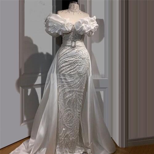 Arabic Beading Crystal Detachable Train Mermaid White Prom Dress Off Shoulder Dubai Formal Dress robe de soiree Evening Gown