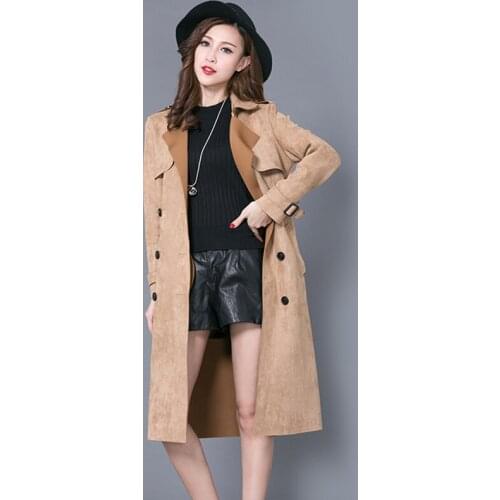 Plus Size 6XL Suede Trench Coat for Women New Spring Double Breasted Trench Coat Long Overcoat Windbreaker Elegant Outwear 1646