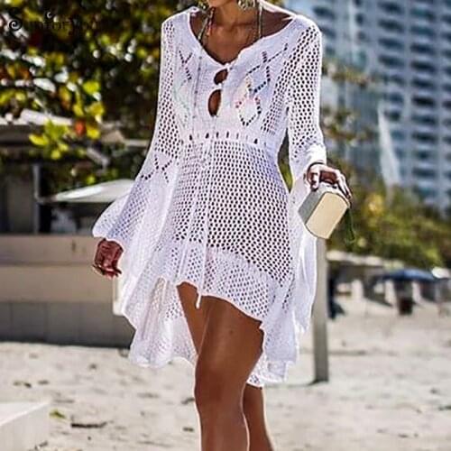 2021 Knitted White Beach cover up Paero Beach Robe Plage Swimsuit Cover up Kaftan Beach Crochet Bikini Cover up Beach wear