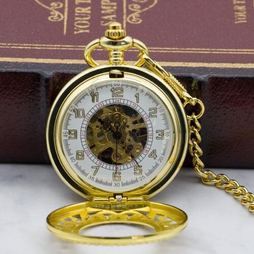 5pcs/lot Best Retro Hollow Mechanical Pocket Watch With FOB Chain Golden Skeleton Vintage Unisex Hand Winding Pocket Watch
