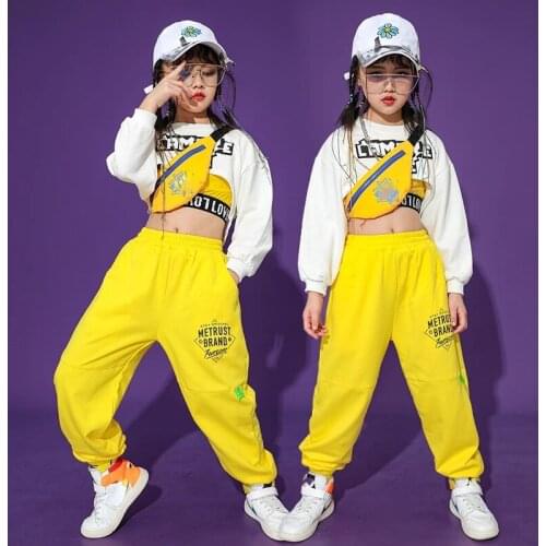 Hip-Hop Dance Costumes For Kids Girls White Long Sleeve Top Yellow Hiphop Pants Jazz Performance Dance Wear Rave Clothes