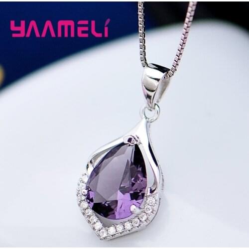 Elegance Amethyst Purple Crystal Water Drop Pendant Necklace for Women Birthday Christmas Gift 100% 925 Silver Collar