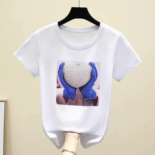 GGRIGHT White Tees T shirt Women Tops Summer Clothes Woman Tshirt Short Sleeve Diamonds Plus Size Korean Tee Shirt Femme