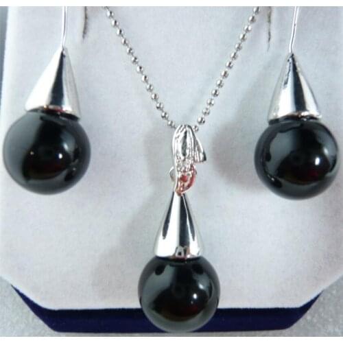 Black Agate Pendant Necklace Earrings 18K Silver Plated Jewelry Set Gift