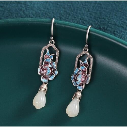 Fashion Vintage Womens Burnt Blue Earrings Inlaid Hetian Jade 925 Sterling Silver