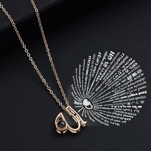 Rose Gold 100 Language I Love You Projection Necklace A-Z Letter Love Memory Projection Pendant Wedding Necklace Jewelry