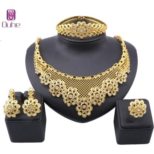 Luxury Yellow Gold Color Flower Crystal Jewelry Sets For Women Necklace Bangle Earrings Ring Wedding Bridal Jewelry Sets