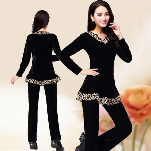 New winter square dance clothing pleuche suits leopard v-neck adult female dance costumes sportswear large size Women Out Wear