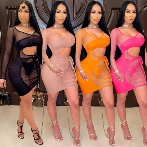 Women Sheath Bandage Dress 2021 Sexy Outfit Ladies Mesh Clothing Female Bodycon Party Night Cocktail Gothic Accessories X5086