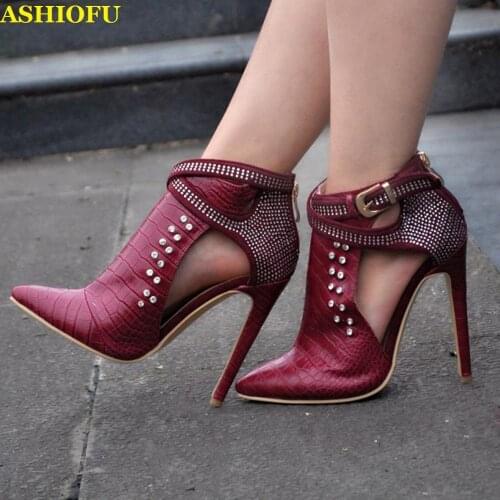 ASHIOFU Handmade New Ladies High Heel Boots Rhinestone Party Prom Dress Autumn Ankle Boots Buckle Strap Evening Fashion Boots