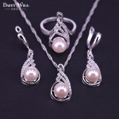 Pink Pearl zircon Costume Jewelry silver color Ring Pendant Necklace Earrings For Women Designer jewelry Set Gift Box