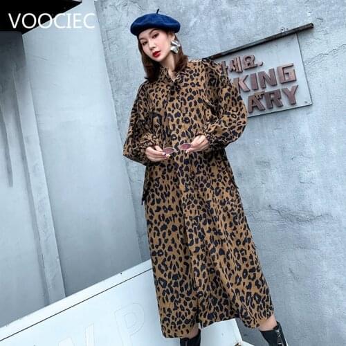 VOOCIEC 2020 New Streetwear Leopard Corduroy Long Trench Coat Women Loose Plus Size Female Autumn Trench All-match Outerwear