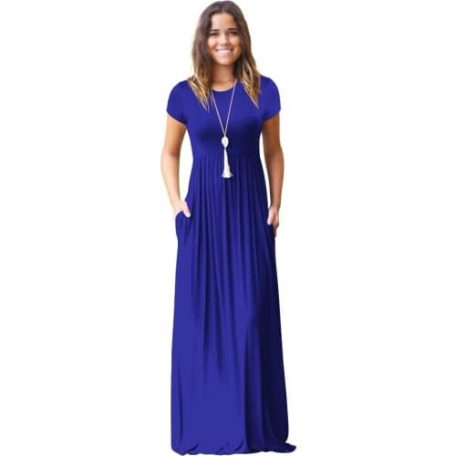 Summer Dress Women Royal Blue 8 Colors S-2XL Plus Size Long Dresses 2019 New Spring Short Sleeve Pockets Chic Dress Vestidos LR8