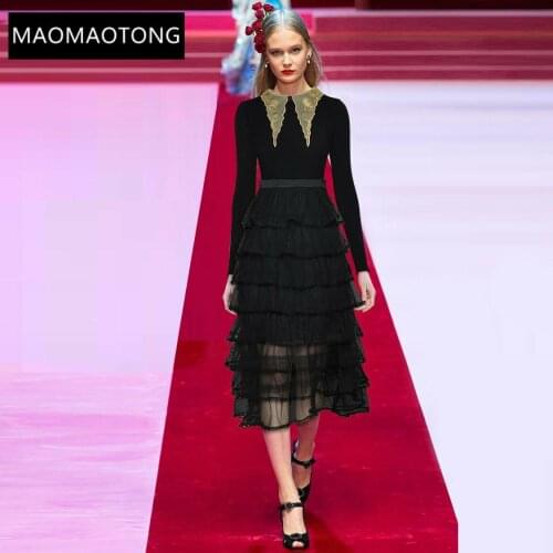 Spring Womens Mesh Sequins Embroidery turn-down collar knitting Patchwork Cascading Ruffle Black Elegant Dresses