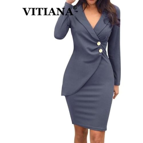 VITIANA Women Formal Dress Autumn 2019 Female Long Sleeve V-Neck Buttons Sexy Office Work Dresses Ladies Zipper Pencil Vestidos