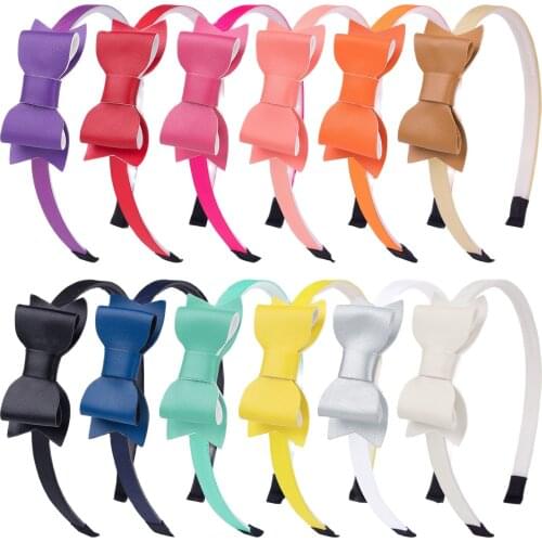 XIMA 12pcs/lot PU Leather Hair Bows Girls Headband Plastic Hairband Kids Hair Accessories Hair Hopps for Party Supplies