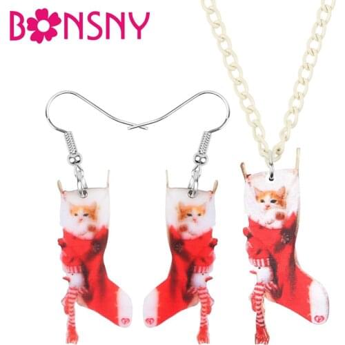 Bonsny Acrylic Christmas Sock Rag Doll Cat Kitten Jewelry Sets Necklace Earrings Animal Jewelry For Women Girls Teens Party Gift