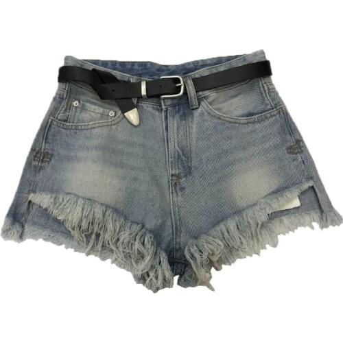 Denim shorts Internet celebrities pure color burr tassel design cotton shorts female high waist wide leg denim shorts F1529
