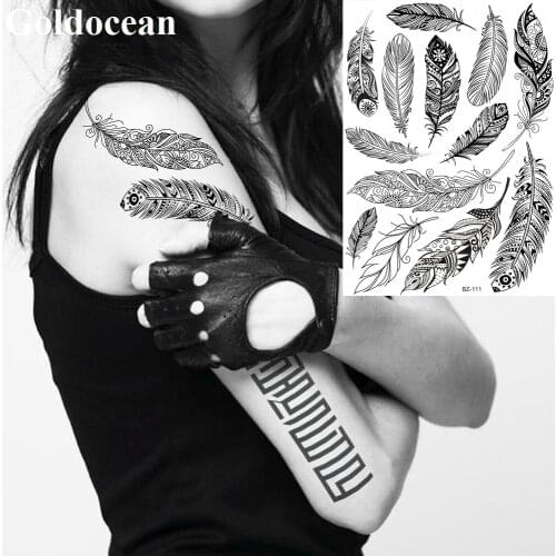 GoldOcean Big Feather India Wrist Fashion Tattoo Stickers Waterproof Fake Arm Black Tatoo Temporary Body Chest Tattoo Women Girl