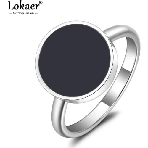 Lokaer Trendy OL Style Anniversary Ring For Women Girls 10/12mm Black Acrylic Stone 316L Stainless Steel Rings Jewlery R19048