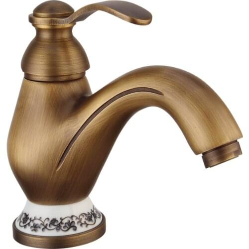 Deck Mount Single Holder Single Hole Bathroom Sink Faucet Vintage Brashed Brass Basin Faucets With Water Saving Faucet Aerator