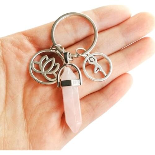 Cute Energy Yoga Fitness Natural Quartz Stone Keychain Women Lotus Fower Aum Yogi Trinket Pink Crystal Key Chain Jewelry Gift