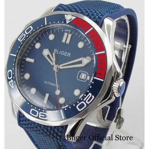 BLIGER 41mm Self Winding Mens Watch Round Case Automatic Movement Rubber Strap Ceremic Bezel