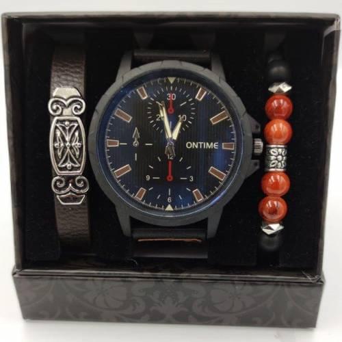 Mens Wrist watch Leather Bracelet 3 Piece Gift Set