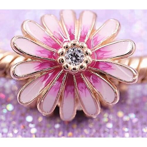 Original Rose Gold Pink Daisy Flower With Crystal Beads Fit 925 Sterling Silver Bead Charm Bracelet Bangle DIY Jewelry