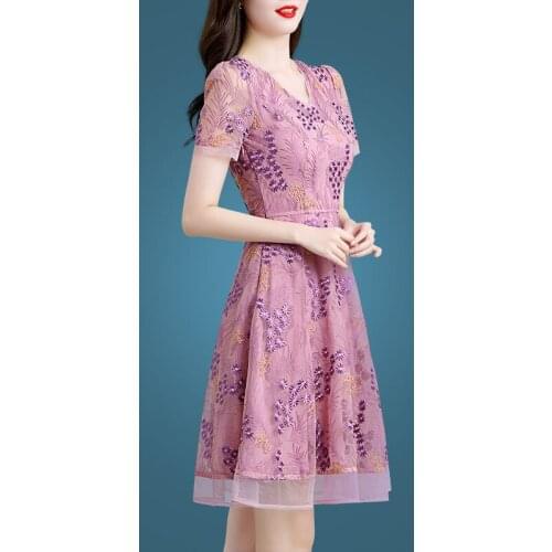 Embroidery Vintage Floral Dress Women Summer Elegant Short Sleeve V-Neck Mesh Sexy New Year Party Dress Plus Size S~4XL 1360