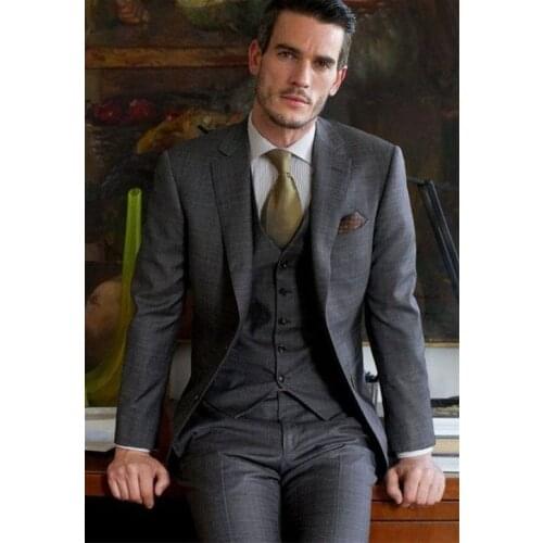 Stylish Design Two Buttons Gray Groom Tuxedos Groomsmen Notch Lapel Mens Suits Blazers (Jacket+Pants+Vest+Tie) W:1169