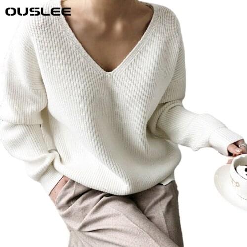 OUSLEE 2021 Spring Autumn Long Sleeve Sweater Women V-neck Basic Solid Pullovers Female Korean Style Casual Knitted Sweaters Top