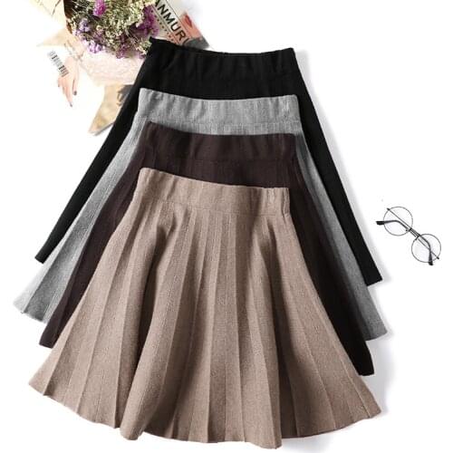New A Line Knit Skirt Women Autumn Winter High Waist Short skirts Umbrella Pleated Skirt Ladies Elastic Knit Mini Skirt Female